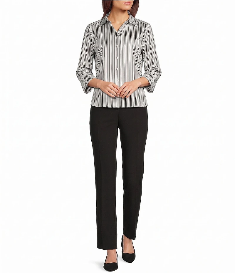 Investments Rachel Black/White Stripe Print 3/4 Sleeve Point Collar Button Front Shirt