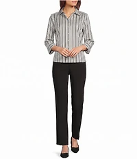 Investments Rachel Black/White Stripe Print 3/4 Sleeve Point Collar Button Front Shirt