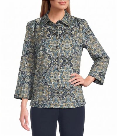 Investments Rachel Medallion Print 3/4 Sleeve Point Collar Button Front Shirt