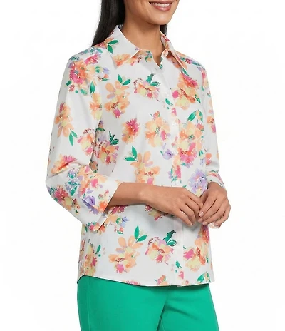 Investments Rachel Multi Floral Allover Print 3/4 Sleeve Point Collar Button Front Shirt