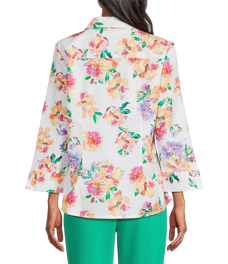 Investments Rachel Multi Floral Allover Print 3/4 Sleeve Point Collar Button Front Shirt