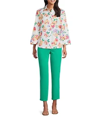 Investments Rachel Multi Floral Allover Print 3/4 Sleeve Point Collar Button Front Shirt