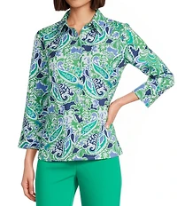 Investments Rachel Multi Paisley Delight Print 3/4 Sleeve Point Collar Button Front Shirt