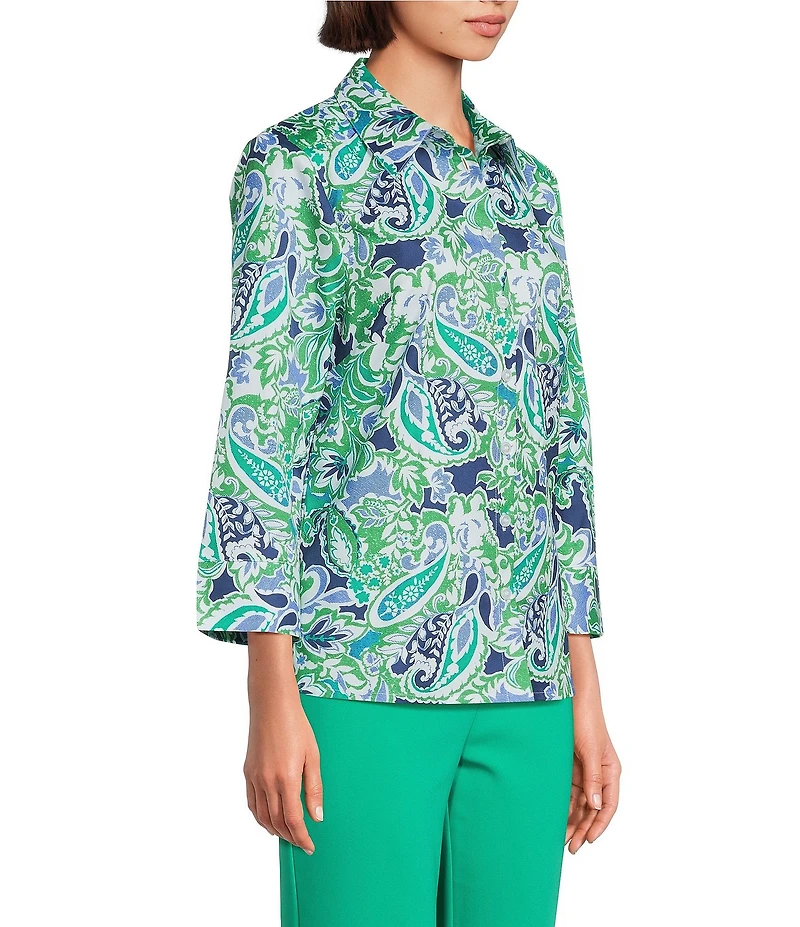 Investments Rachel Multi Paisley Delight Print 3/4 Sleeve Point Collar Button Front Shirt