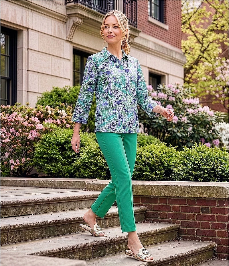 Investments Rachel Multi Paisley Delight Print 3/4 Sleeve Point Collar Button Front Shirt