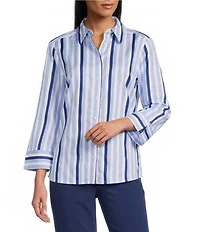 Investments Rachel Vista Blue Awning Stripe Print 3/4 Sleeve Point Collar Button Front Shirt