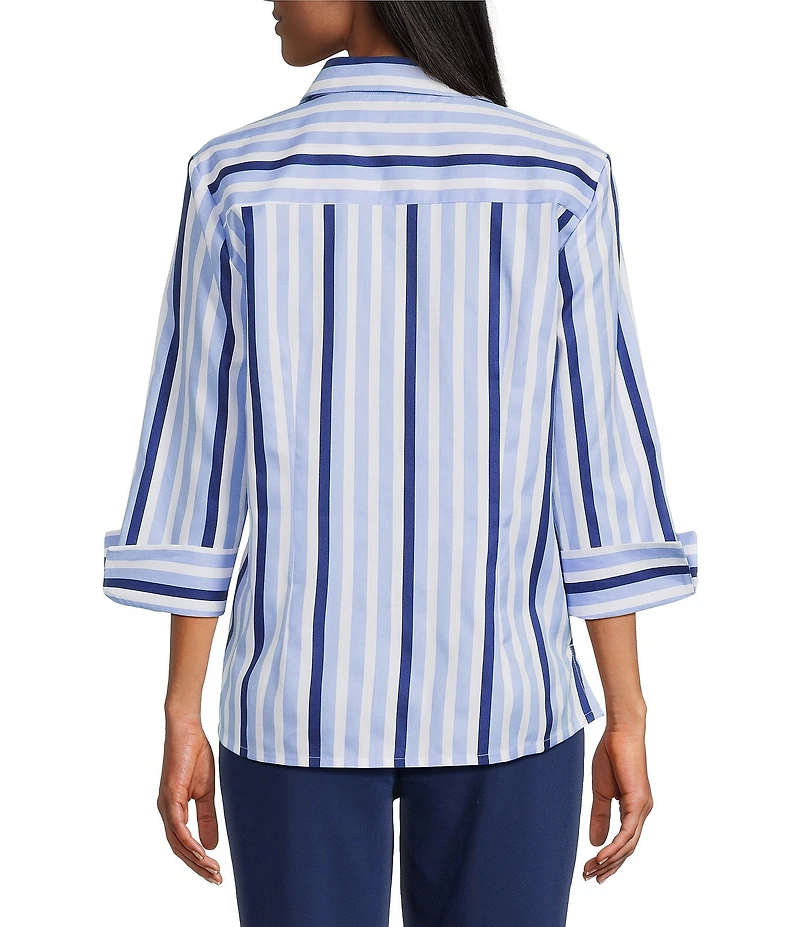 Investments Rachel Vista Blue Awning Stripe Print 3/4 Sleeve Point Collar Button Front Shirt