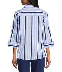 Investments Rachel Vista Blue Awning Stripe Print 3/4 Sleeve Point Collar Button Front Shirt