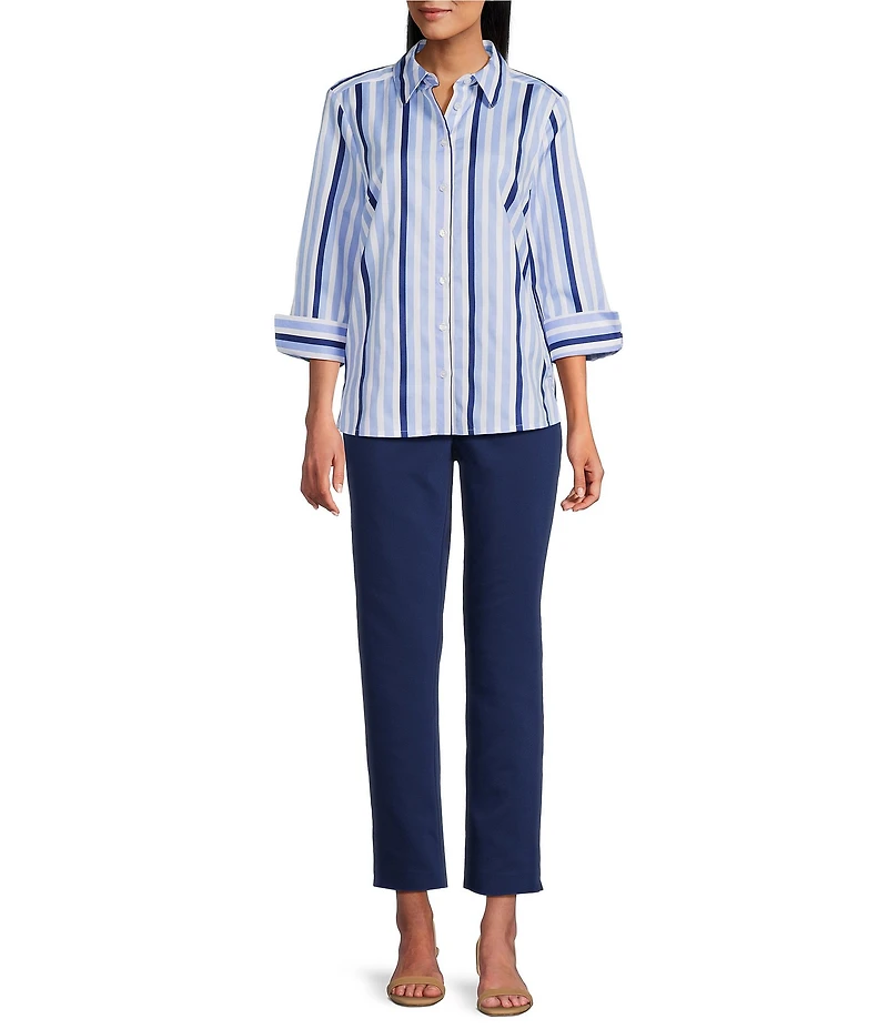 Investments Rachel Vista Blue Awning Stripe Print 3/4 Sleeve Point Collar Button Front Shirt