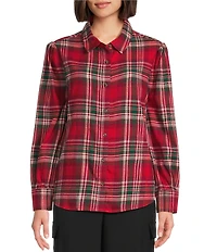 Investments Red Plaid Long Sleeve Point Collar Button Front Top