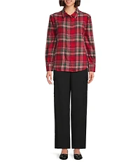 Investments Red Plaid Long Sleeve Point Collar Button Front Top