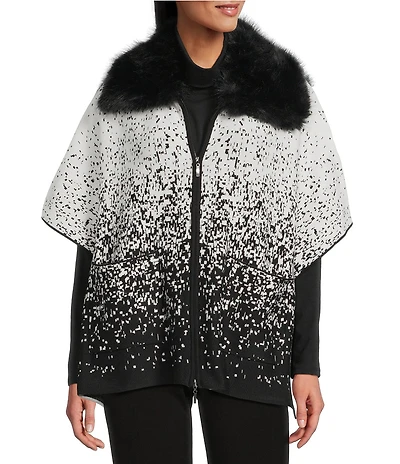 Investments Removeable Faux Fur Collar Two-Way Zip Front Salt Pepper Sweater Poncho