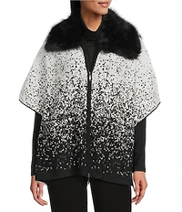 Investments Removeable Faux Fur Collar Two-Way Zip Front Salt Pepper Sweater Poncho