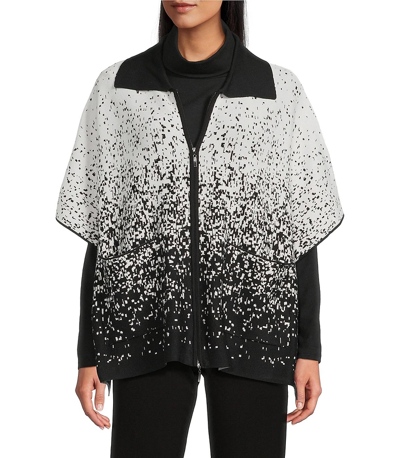 Investments Removeable Faux Fur Collar Two-Way Zip Front Salt Pepper Sweater Poncho