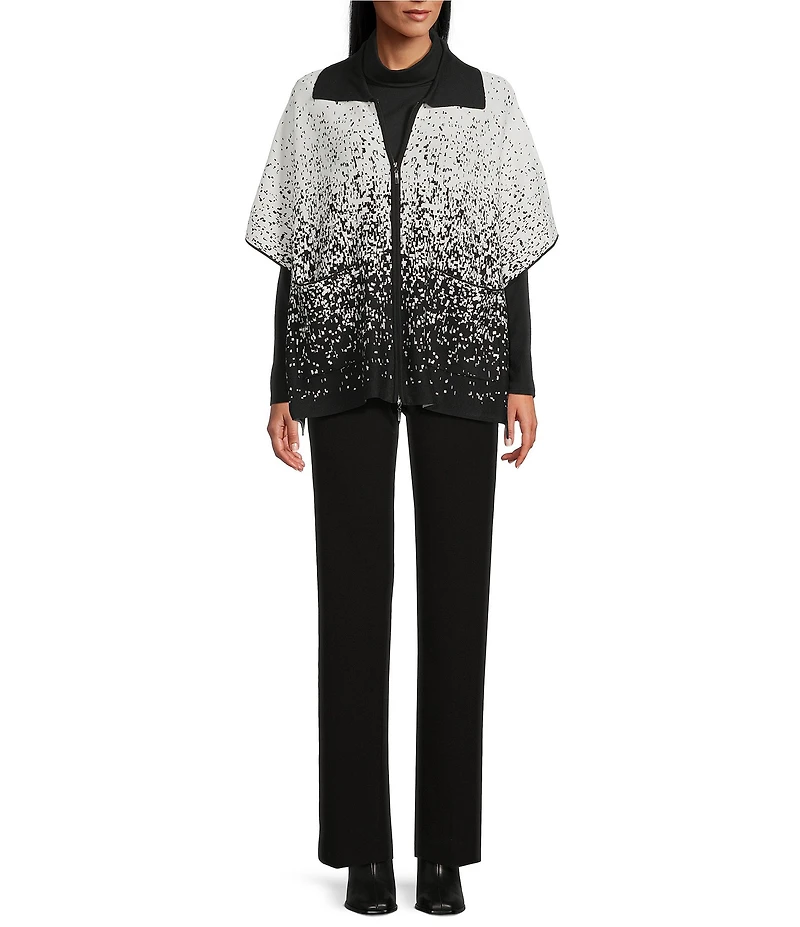 Investments Removeable Faux Fur Collar Two-Way Zip Front Salt Pepper Sweater Poncho