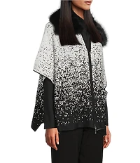 Investments Removeable Faux Fur Collar Two-Way Zip Front Salt Pepper Sweater Poncho