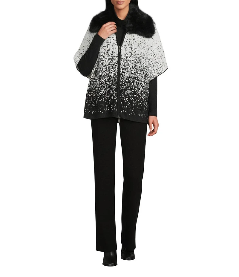 Investments Removeable Faux Fur Collar Two-Way Zip Front Salt Pepper Sweater Poncho