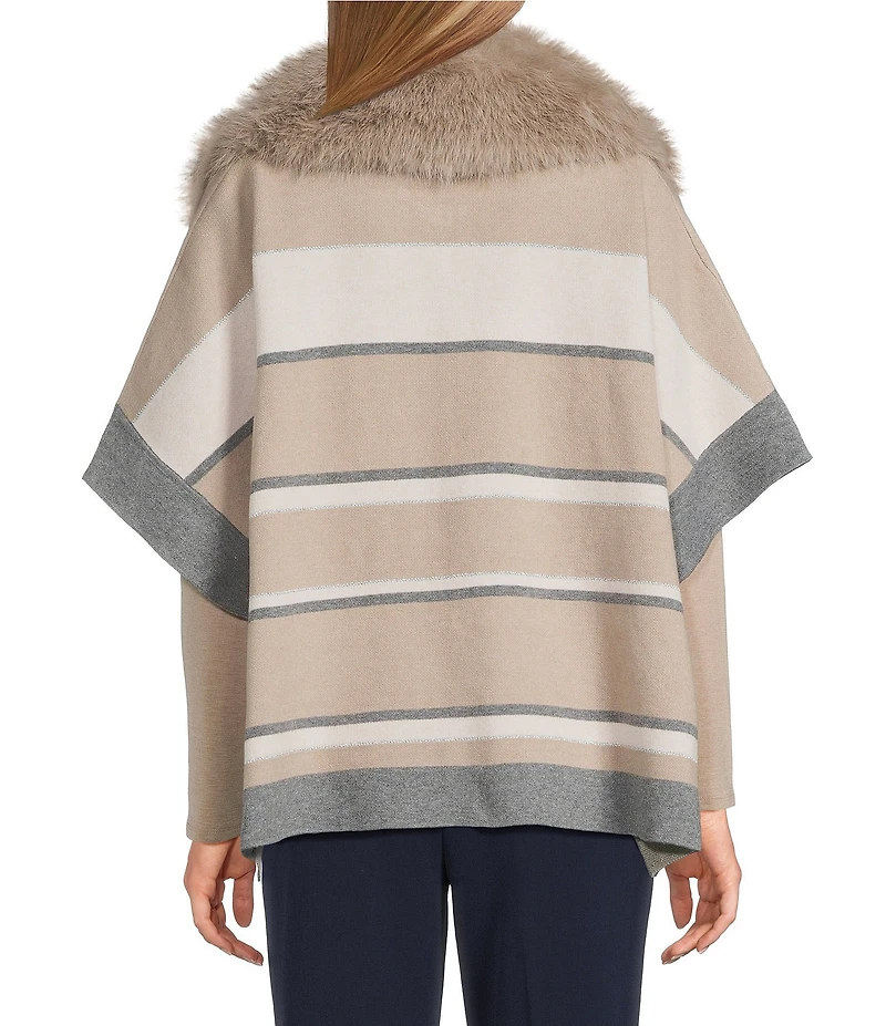 Investments Removeable Faux Fur Collar Two-Way Zip Front Stripe Sweater Poncho