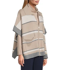Investments Removeable Faux Fur Collar Two-Way Zip Front Stripe Sweater Poncho