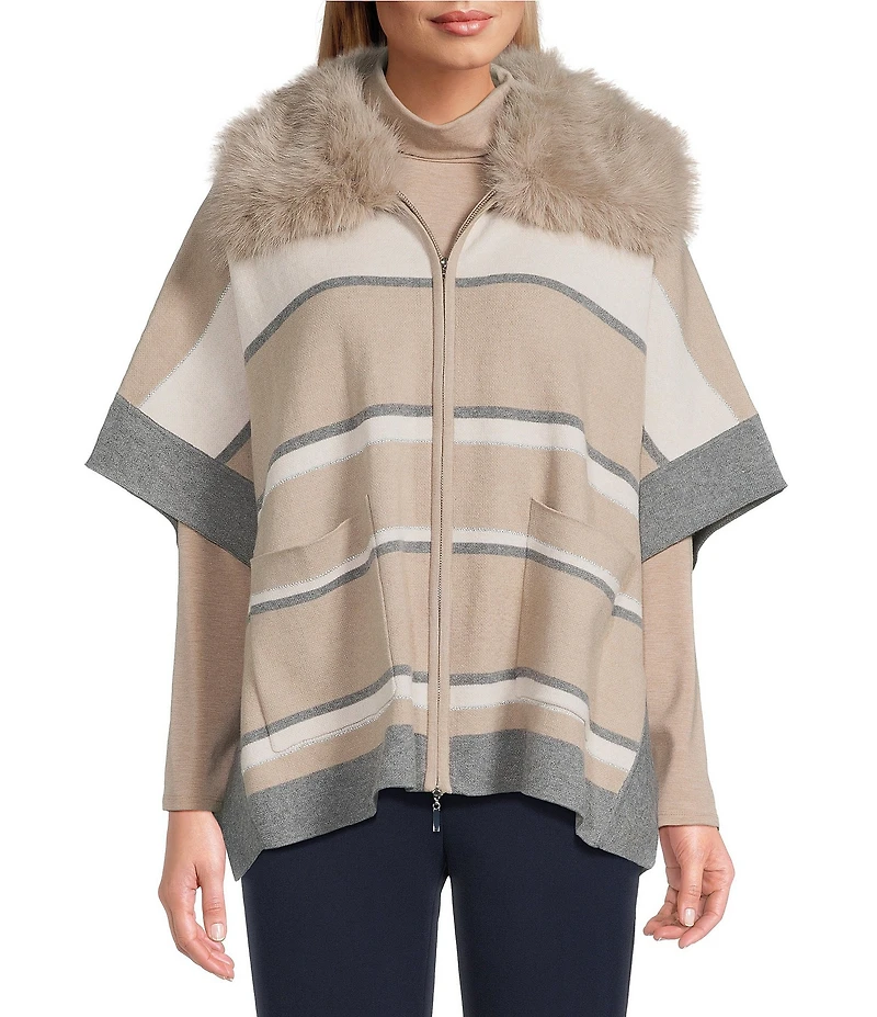 Investments Removeable Faux Fur Collar Two-Way Zip Front Stripe Sweater Poncho