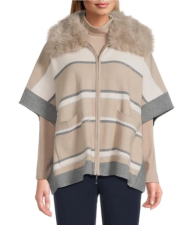 Investments Removeable Faux Fur Collar Two-Way Zip Front Stripe Sweater Poncho