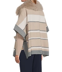 Investments Removeable Faux Fur Collar Two-Way Zip Front Stripe Sweater Poncho