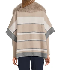 Investments Removeable Faux Fur Collar Two-Way Zip Front Stripe Sweater Poncho