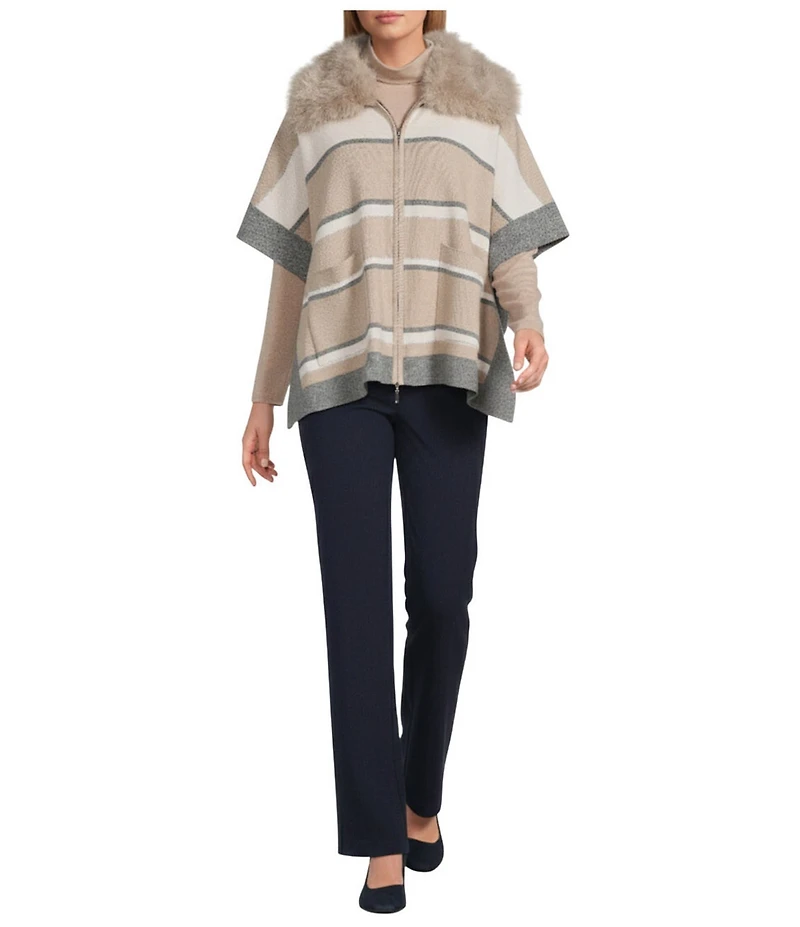 Investments Removeable Faux Fur Collar Two-Way Zip Front Stripe Sweater Poncho