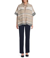 Investments Removeable Faux Fur Collar Two-Way Zip Front Stripe Sweater Poncho