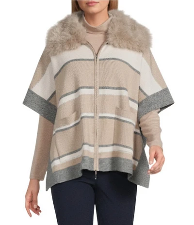 Investments Removeable Faux Fur Collar Two-Way Zip Front Stripe Sweater Poncho