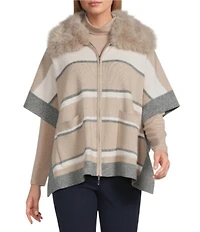 Investments Removeable Faux Fur Collar Two-Way Zip Front Stripe Sweater Poncho