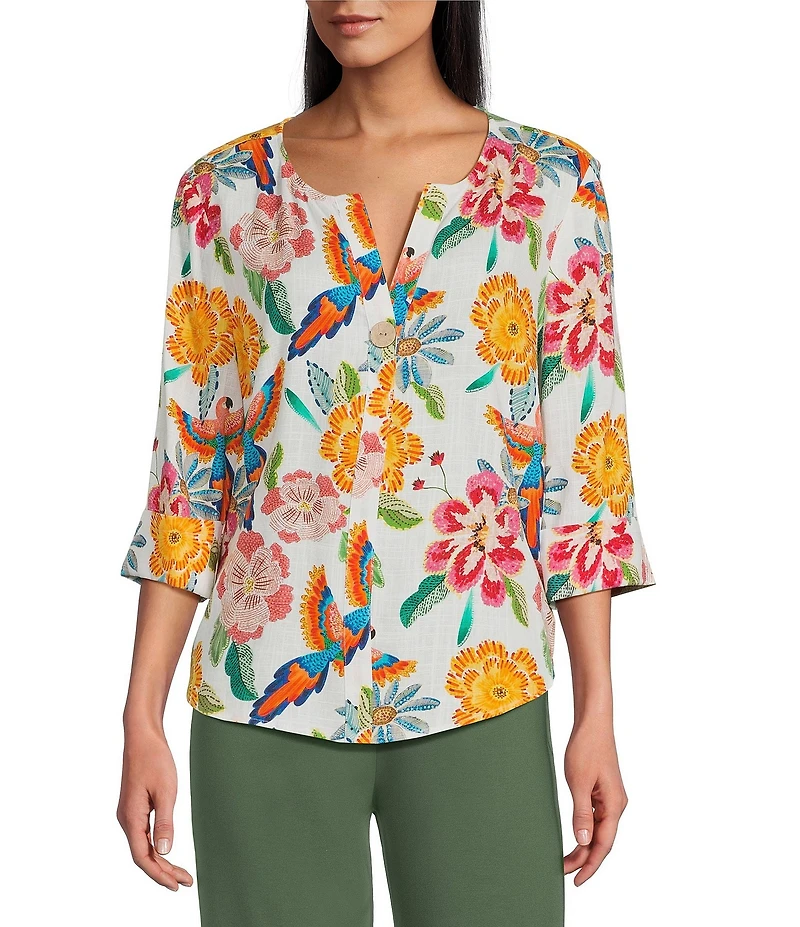 Investments Rio Print 3/4 Sleeve Split V-Neck Button Shirt