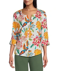 Investments Rio Print 3/4 Sleeve Split V-Neck Button Shirt