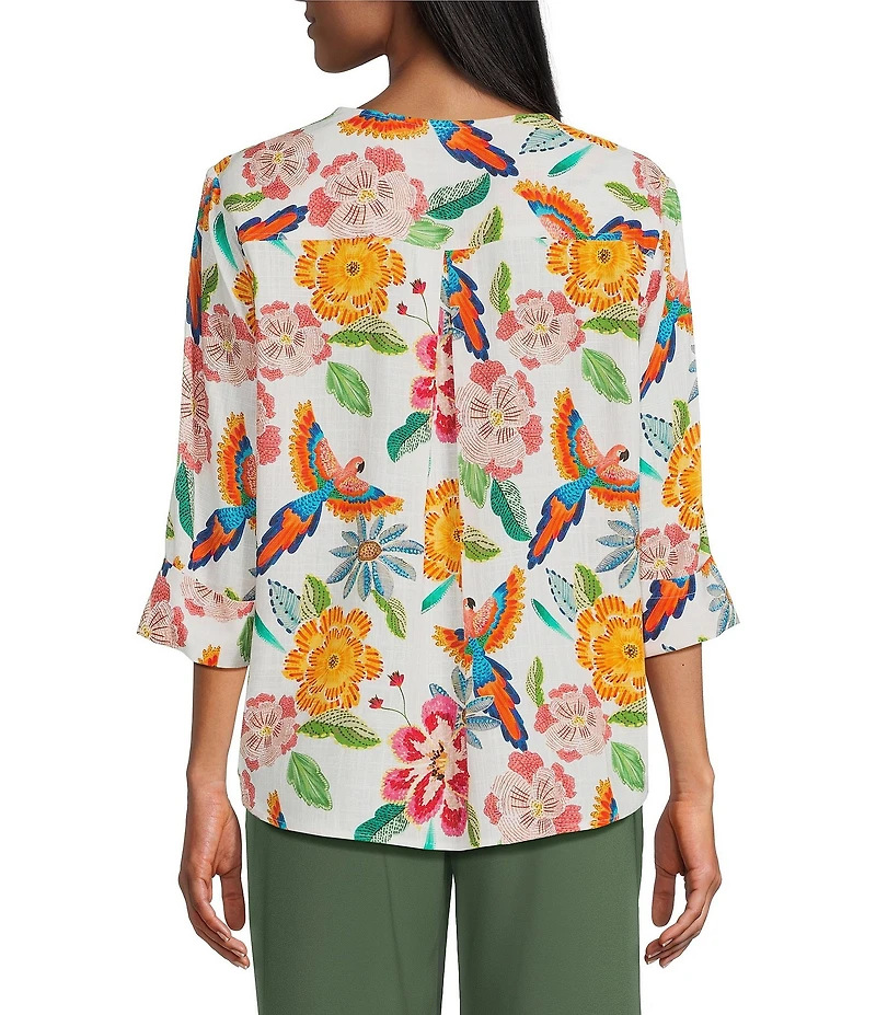 Investments Rio Print 3/4 Sleeve Split V-Neck Button Shirt