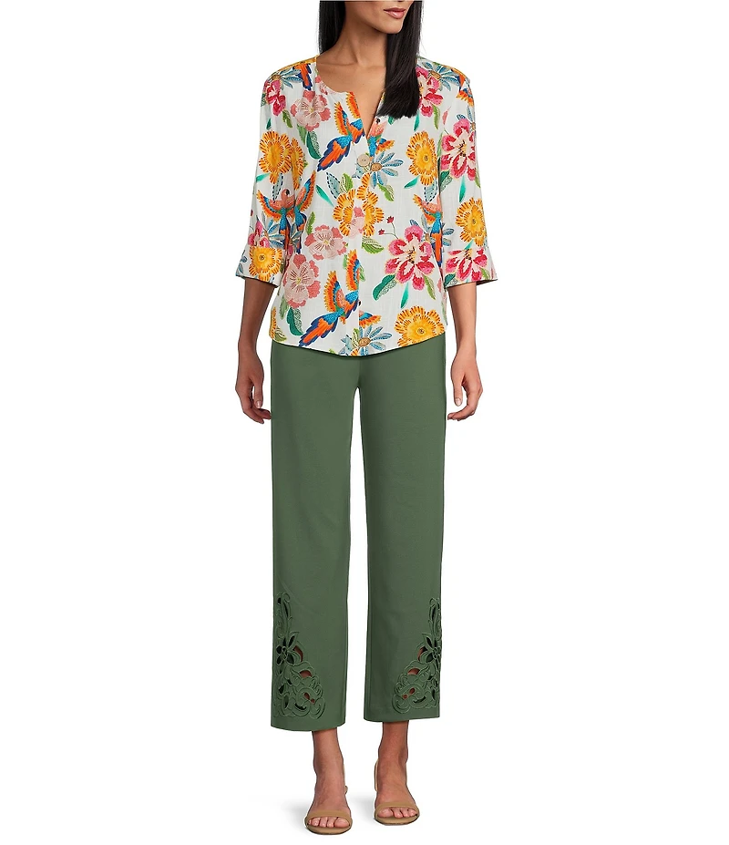 Investments Rio Print 3/4 Sleeve Split V-Neck Button Shirt