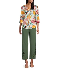 Investments Rio Print 3/4 Sleeve Split V-Neck Button Shirt