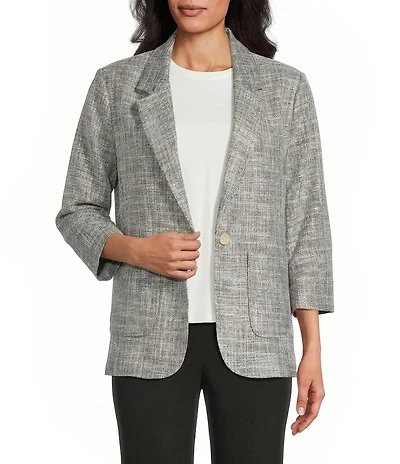 Investments Scratch Pattern 3/4 Ruched Sleeve Notch Lapel Lined Button Front Blazer