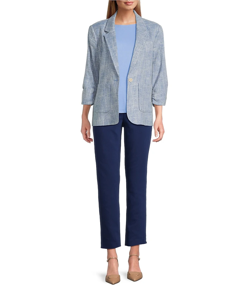 Investments Scratch Pattern 3/4 Ruched Sleeve Notch Lapel Lined Button Front Blazer