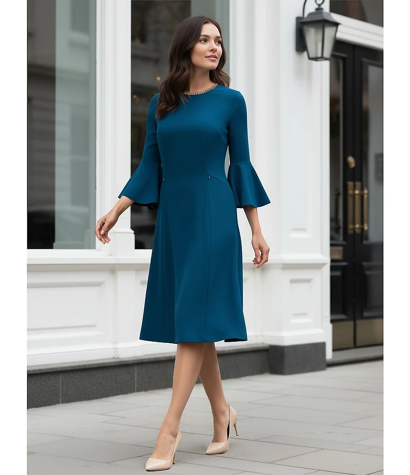 Investments Scuba Crepe 3/4 Bell Sleeve Fit and Flare Dress