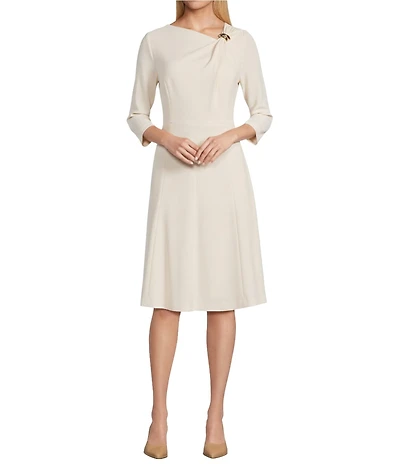 Investments Scuba Crepe 3/4 Sleeve Asymmetrical Neck Fit and Flare Dress