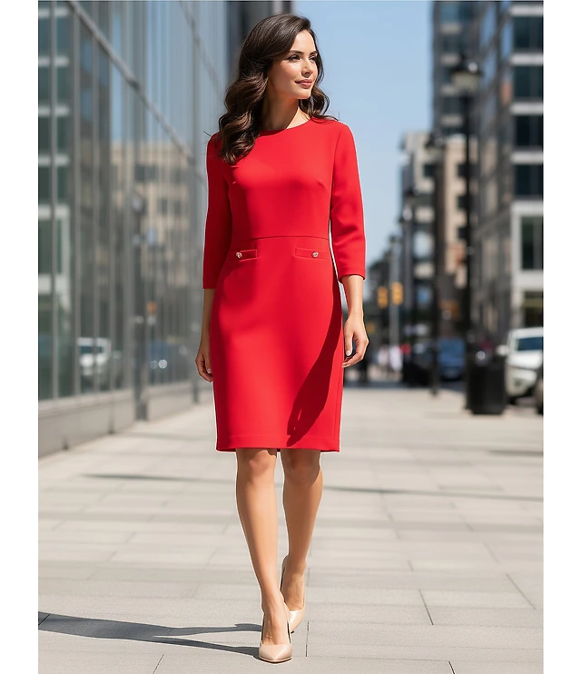 Red Dress Calvin Klein Dress Dillards Vince Camuto Scuba Crepe Knit Long  Sleeve Crew Neck Sequin Trim