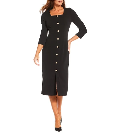Investments Scuba Crepe 3/4 Sleeve Faux Button Front Sheath Dress