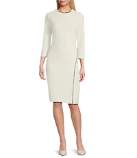 Investments Scuba Crepe 3/4 Sleeve Pearl Embellishment Sheath Dress