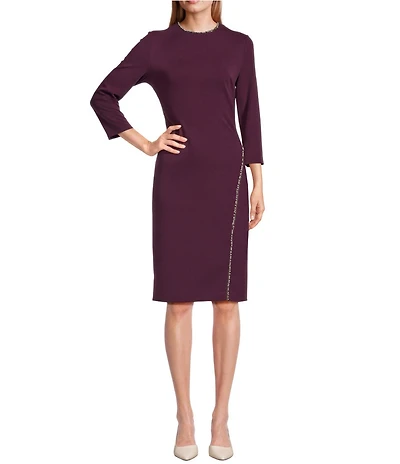Investments Scuba Crepe 3/4 Sleeve Pearl Embellishment Sheath Dress