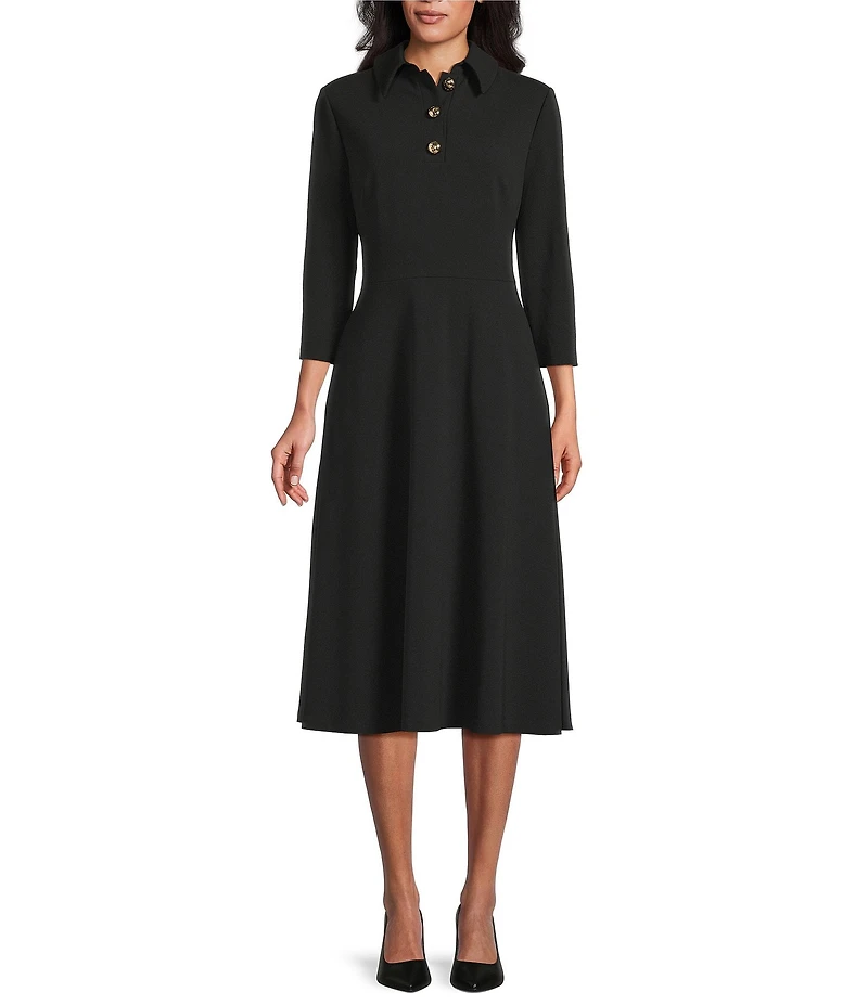 Investments Scuba Crepe 3/4 Sleeve Point Collar Fit And Flare Midi Dress