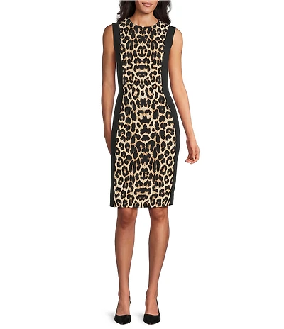 Investments Scuba Crepe Animal Print Block Sleeveless Sheath Dress