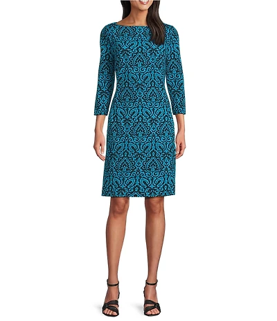 Investments Scuba Crepe Aqua Scroll Print 3/4 Sleeve Ballet Neck Sheath Dress