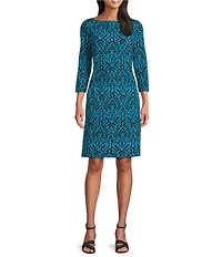 Investments Scuba Crepe Aqua Scroll Print 3/4 Sleeve Ballet Neck Sheath Dress