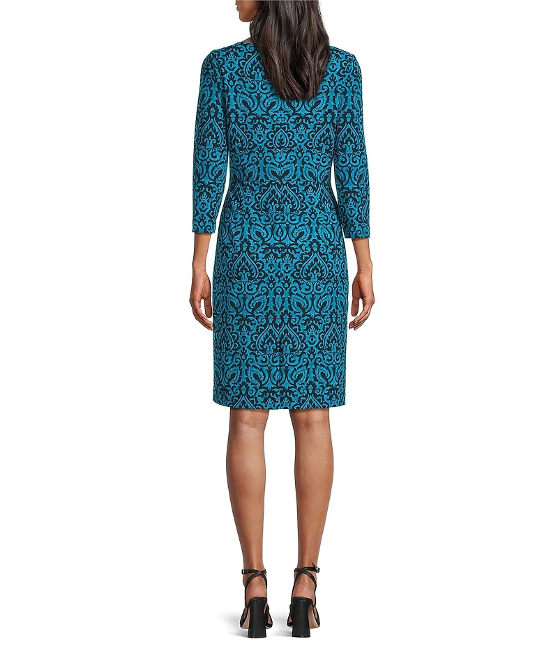 Investments Scuba Crepe Aqua Scroll Print 3/4 Sleeve Ballet Neck Sheath Dress