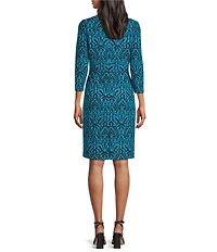 Investments Scuba Crepe Aqua Scroll Print 3/4 Sleeve Ballet Neck Sheath Dress